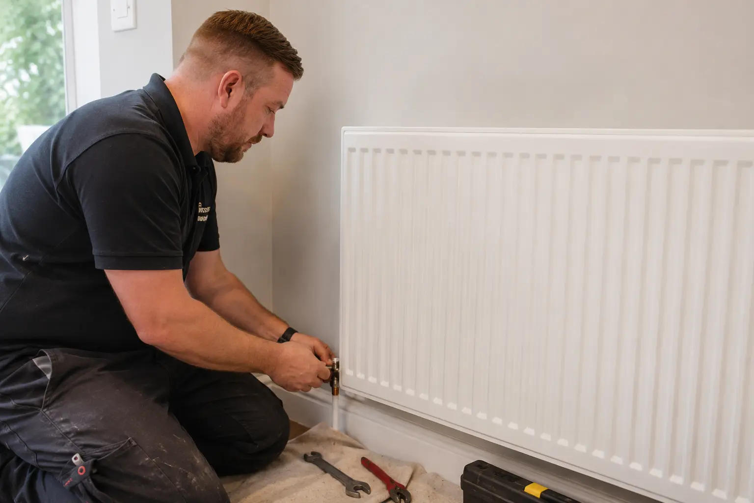 Gas Works engineer fitting a central heating radiator in Cornwall