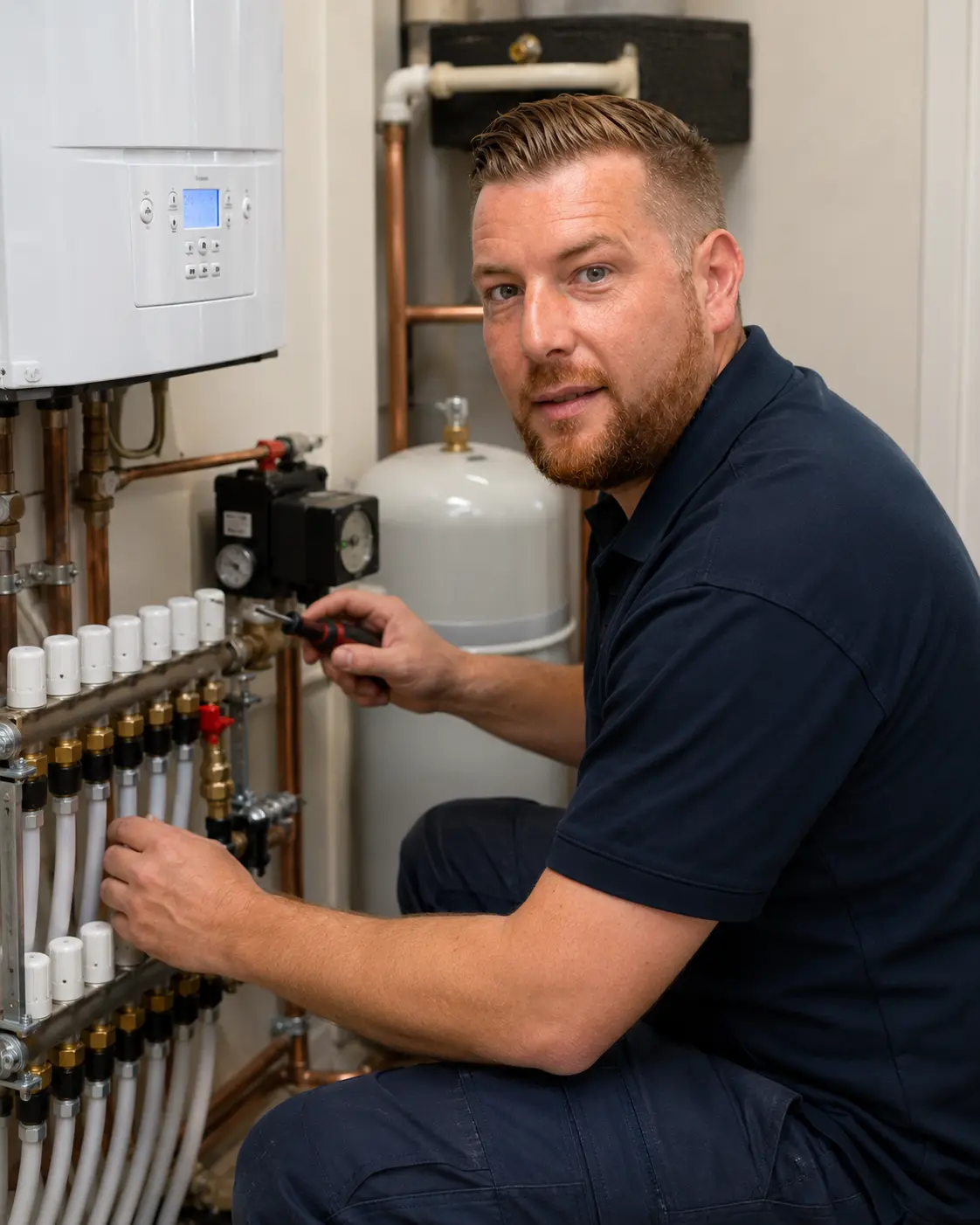 A newly installed gas boiler with neat pipework, fitted by Gas Works in Cornwall