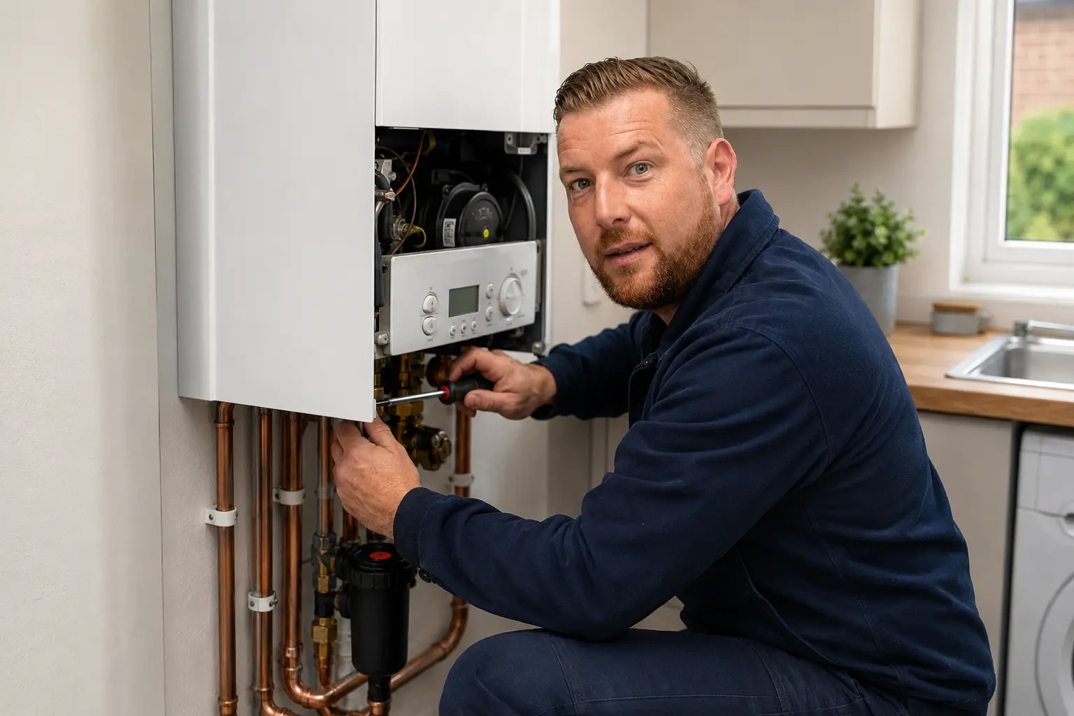 Gas Works engineer Nick servicing a gas boiler at a home in Cornwall
