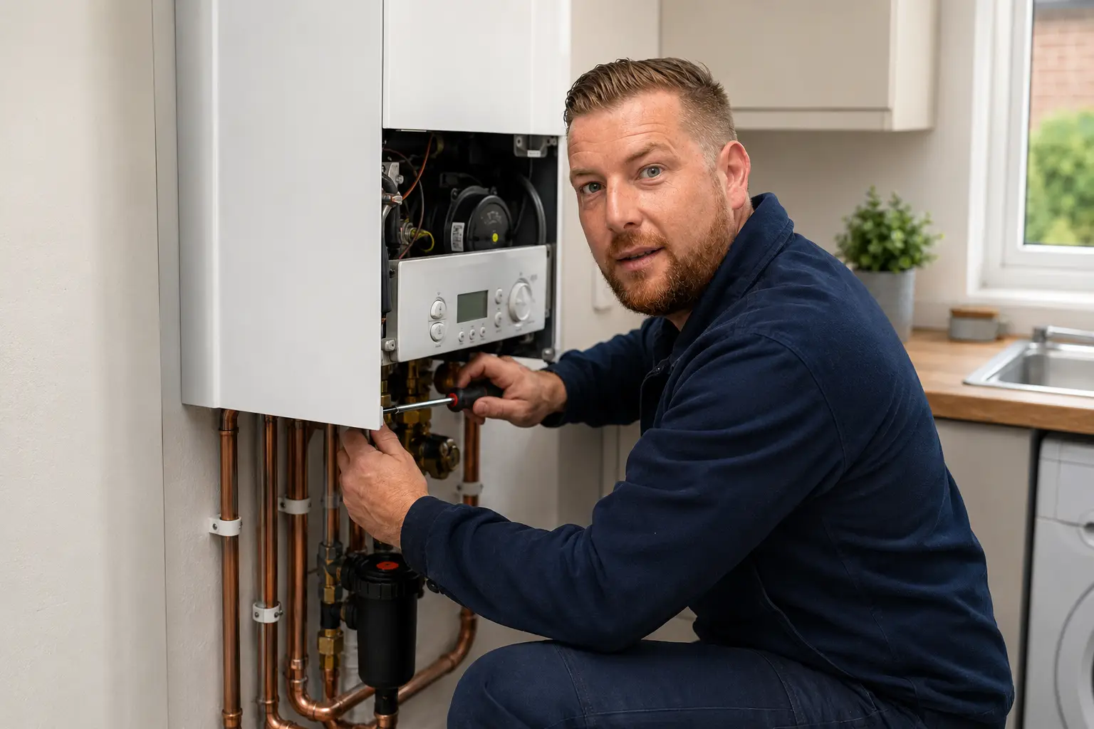 Gas Works engineer Nick servicing a gas boiler at a home in Cornwall