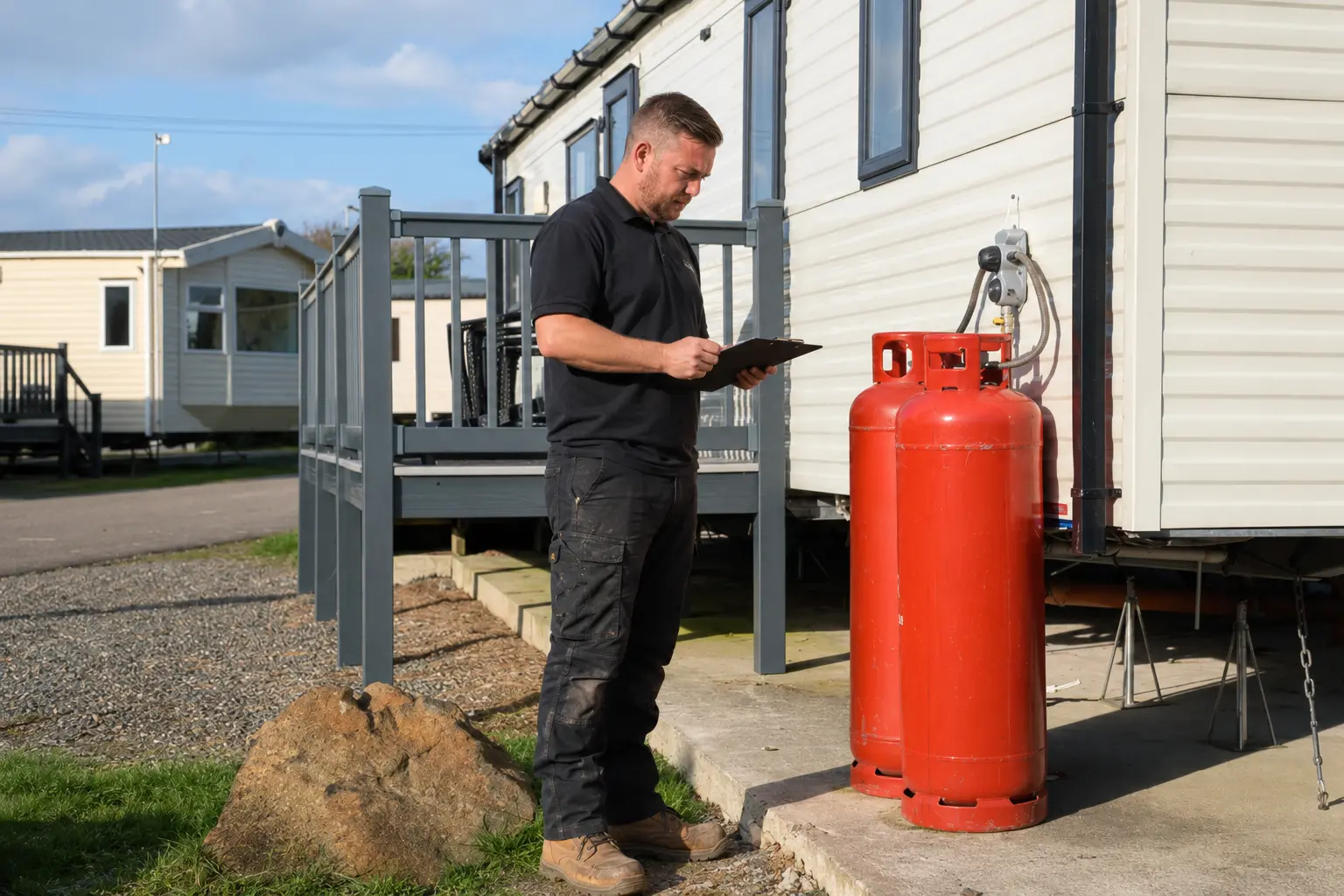 Gas Works engineer carrying out a gas safety check on a static caravan in Cornwall